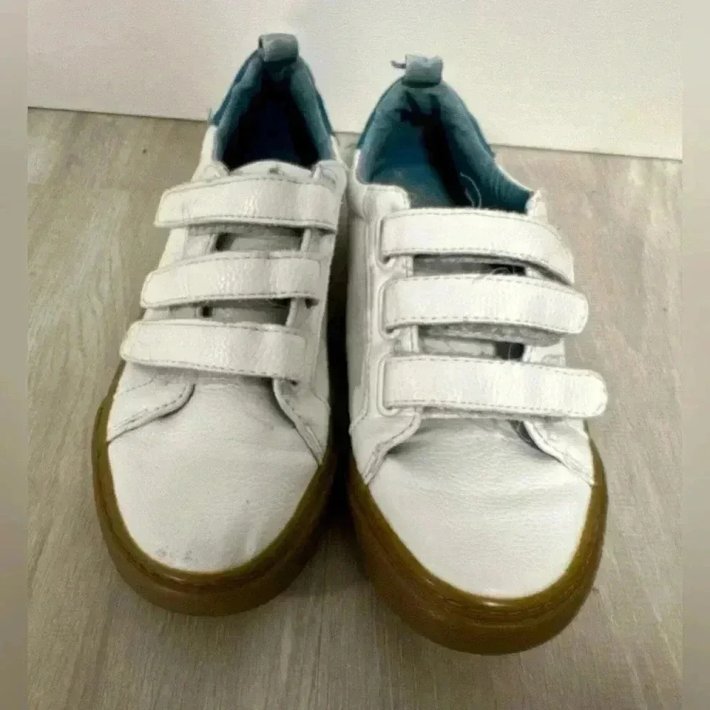 Kids White Leather Sneakers Hook and Loop Closure Teal Accent Gum Sole Size 1